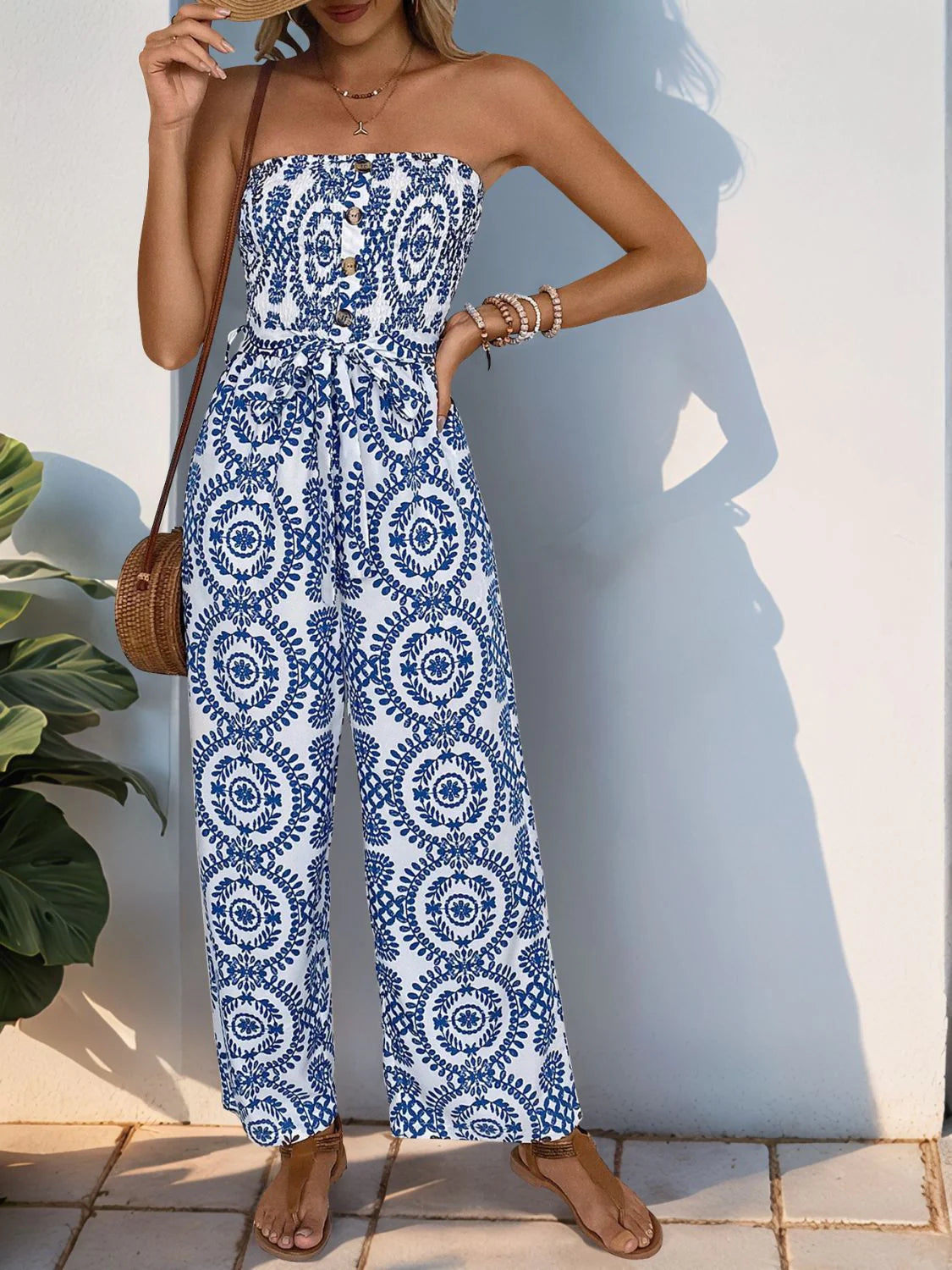 Perfee Smocked Tube Wide Leg Jumpsuit