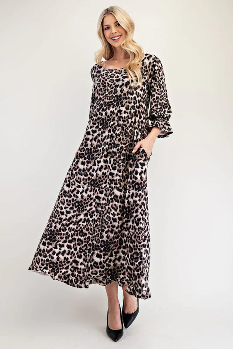 Celeste Leopard Flounce Sleeve Dress - Full Size round Neck Style