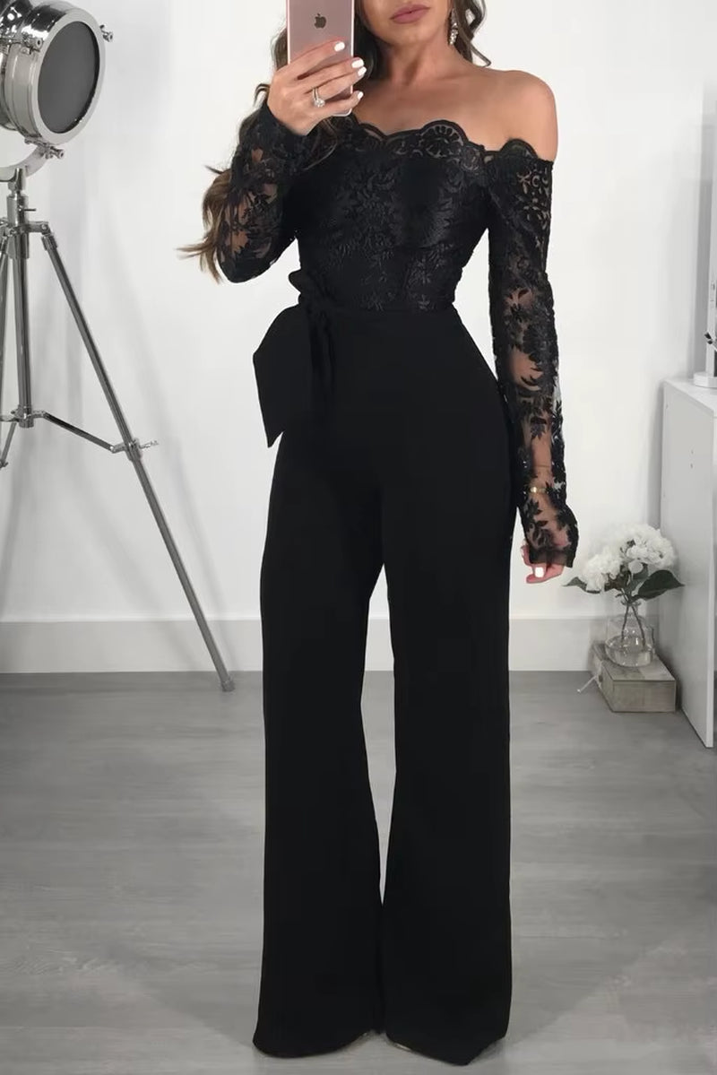 Appliques Lace Patchwork Jumpsuit Women Sexy off Shoulder Slash Neck Long Sleeve Elegant Wide Leg Pants Jumpsuit Party Overalls