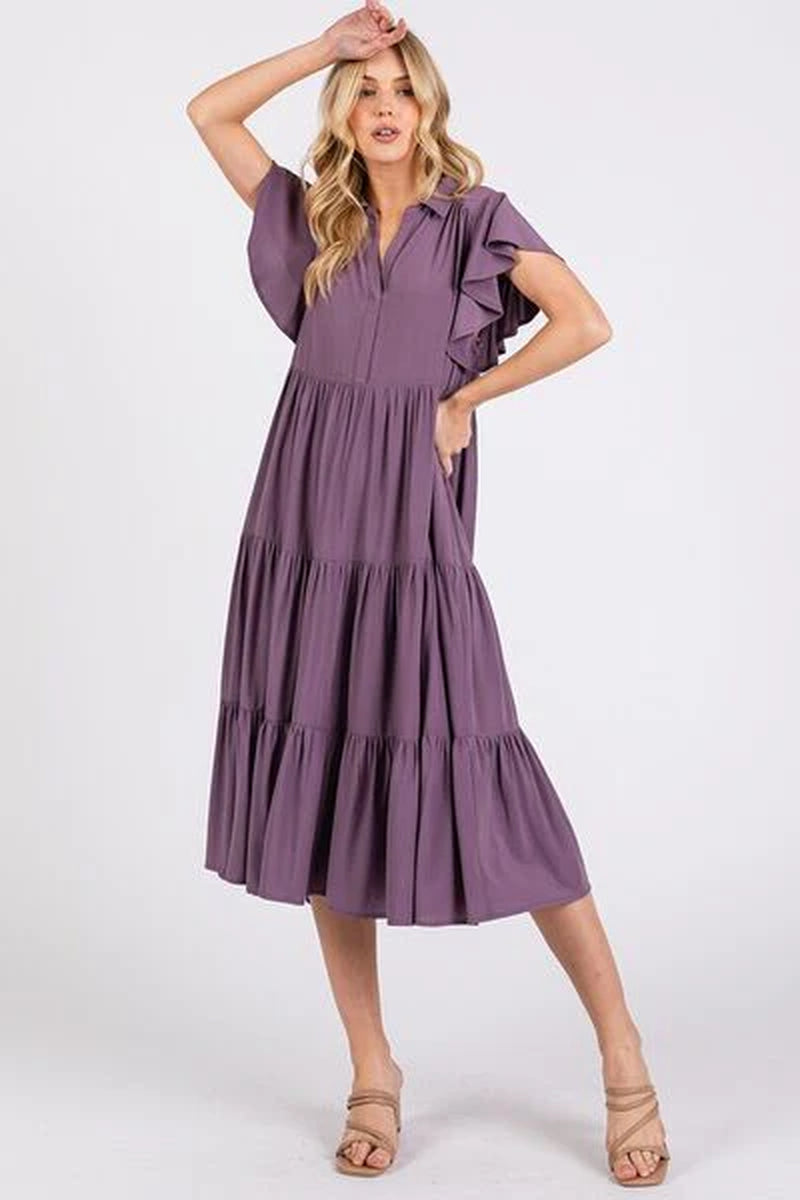 Mittoshop Ruffle Sleeve Collared V Neck Tiered Midi Dress