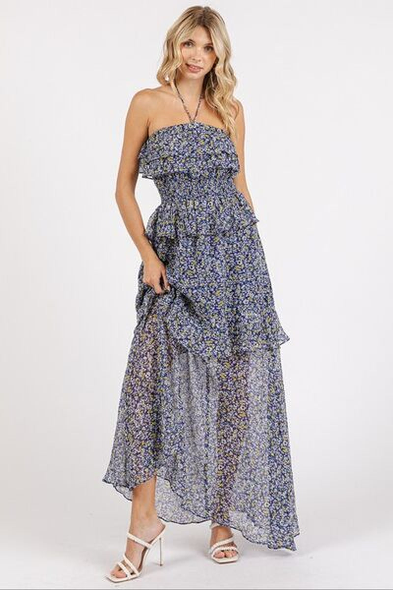 Mittoshop Ruffled Smocked Floral Halter Neck Maxi Dress