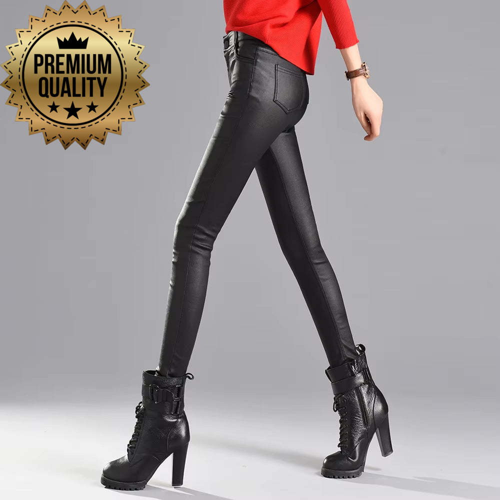 2019 Winter Women Faux Leather Pants & Capris PU Elastic High Waist Trousers Stretchy Slim Pencil Pants Leggings Female Black