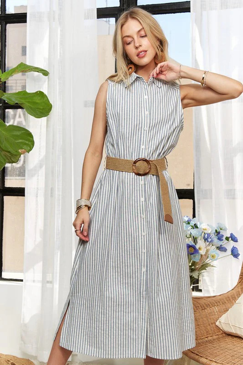 ADORA Striped Button down Sleeveless Midi Dress