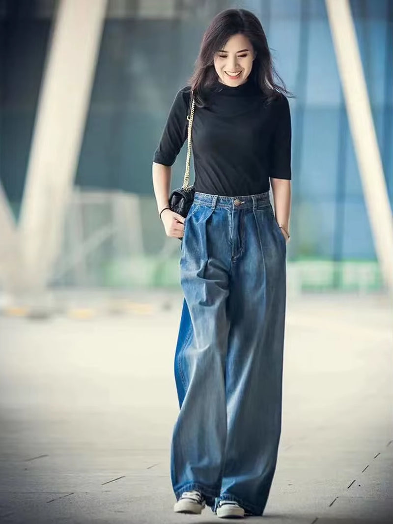 Jeans Women'S Wide-Leg Jeans 2022 Y2K Streetwear High Waist Vintage Trousers Casual Simple Blue Buttons Straight Denim Long Pant