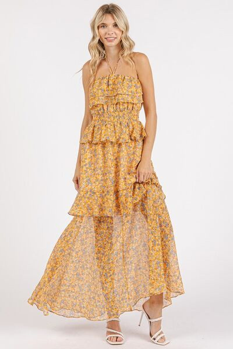 Mittoshop Ruffled Smocked Floral Halter Neck Maxi Dress