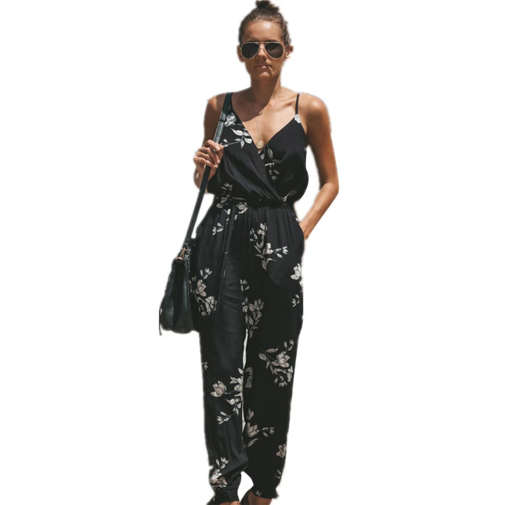 2023 Women'S Jumpsuit Bohemian Casual Jumpsuit Women'S Sexy Backless Deep V Neck Floral Print Tie Jumpsuit Jumpsuit