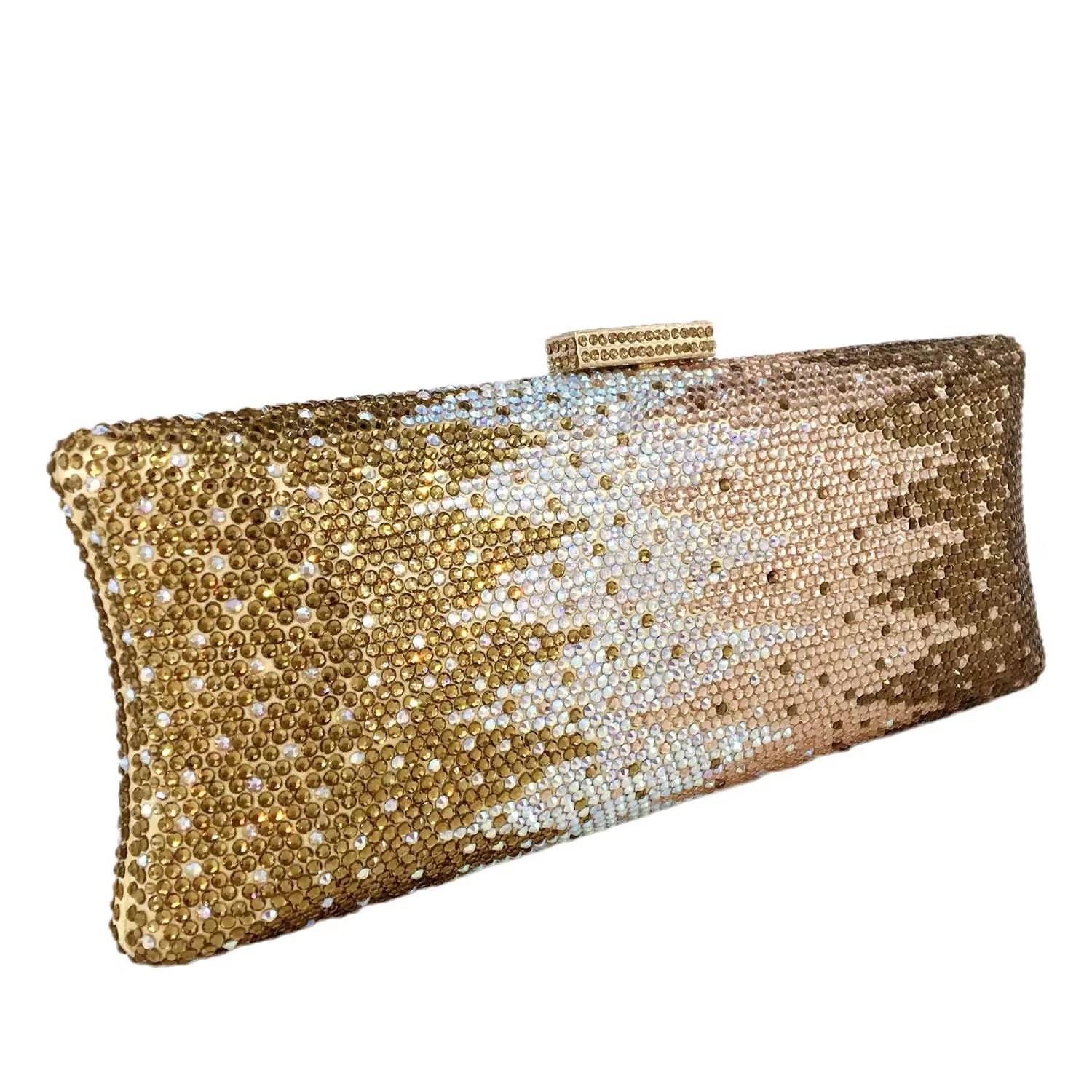 Graident Golden Women Long Evening Bags Formal Dinner Crystal Clutch Purses Bridal Rhinestones Clutch Handbags