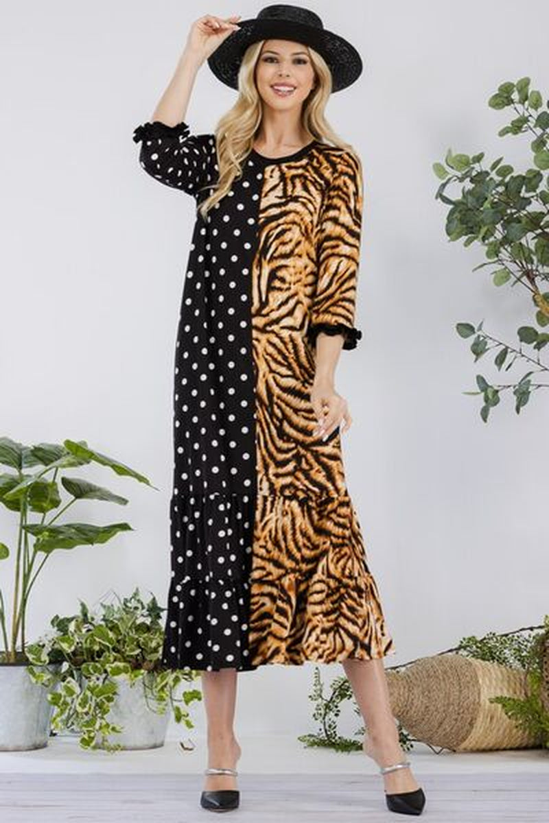 Celeste Full Size Polka Dot & Leopard round Neck Midi Dress plus Size