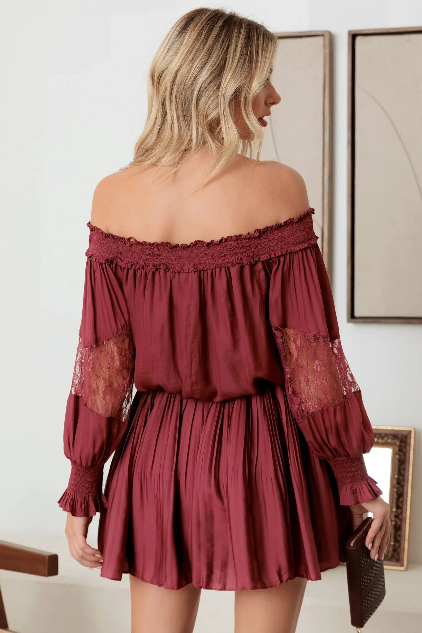 Smocked Off-Shoulder Lace Sleeve Mini Dress