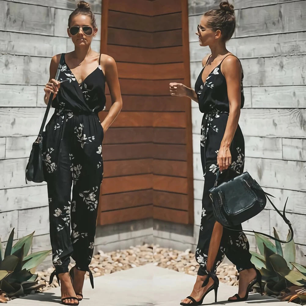 2023 Women'S Jumpsuit Bohemian Casual Jumpsuit Women'S Sexy Backless Deep V Neck Floral Print Tie Jumpsuit Jumpsuit