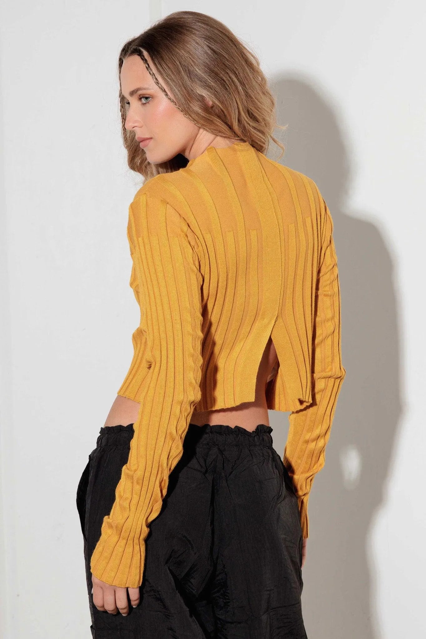 Cut Out Ribbed Pattern Long Sleeve Crop Sweater