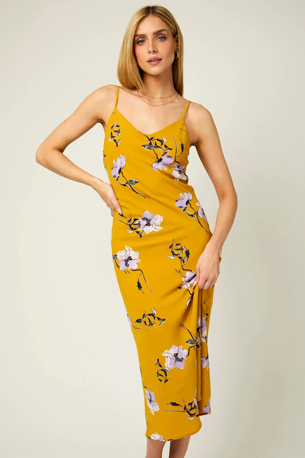 Floral Sleeveless Adjustable Strap a Line Midi Dress