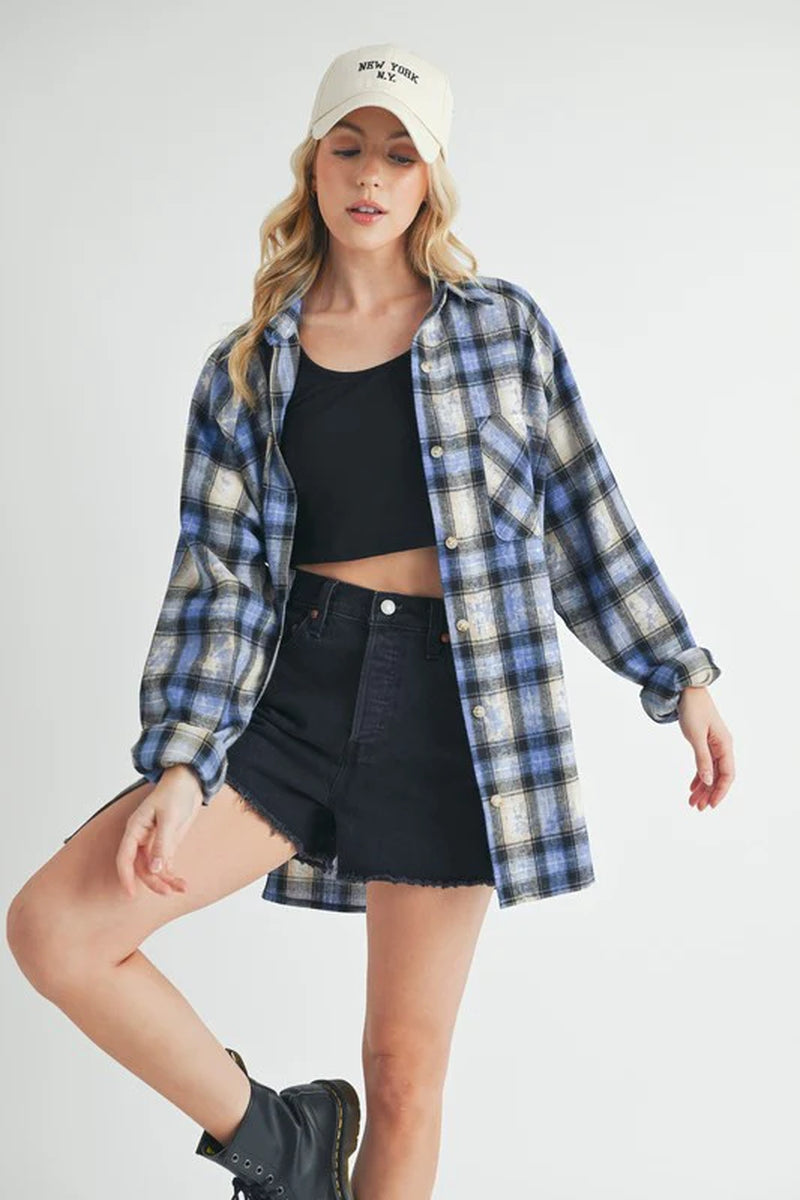 Aemi + Co Washed Plaid Button up Raglan Sleeve Flannel Shirt