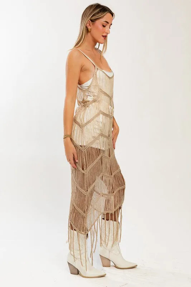 Boho Fringe Chevron Pattern Western Maxi Dress | Beach Cover up Caftan