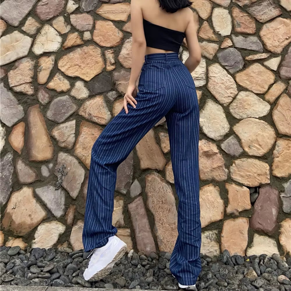 High Waist Loose Straight Jeans Woman 2XL Casual Striped Mom Jeans Washed Boyfriend Jeans Femme