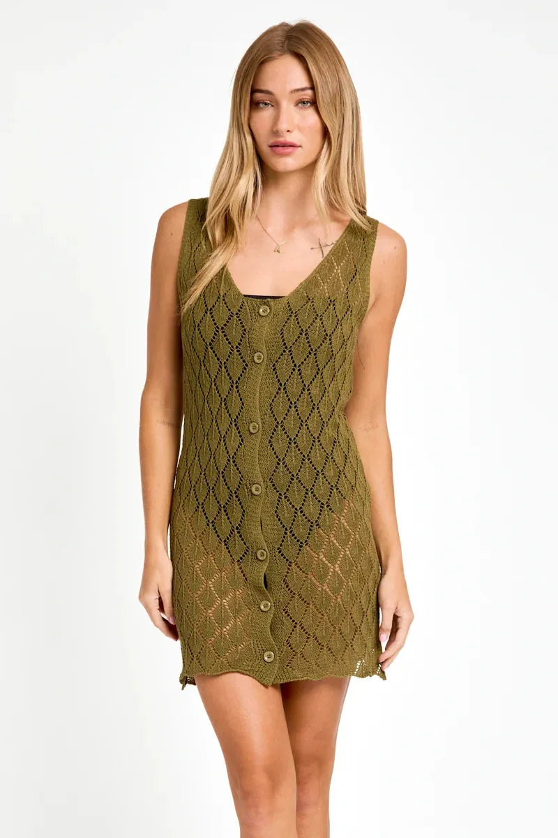 Sleeveless V-Neck Crochet Button up Sweater Dress