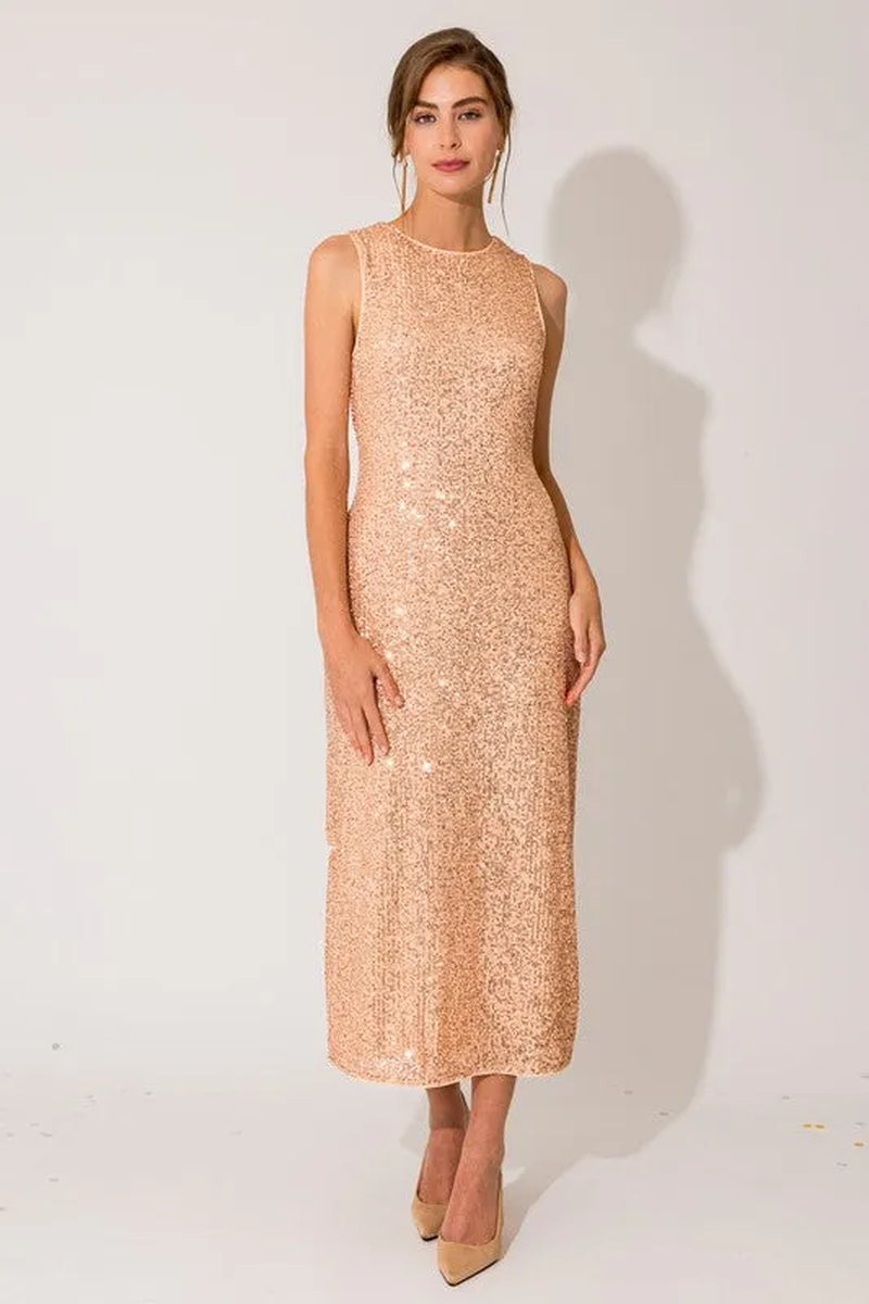 Sequin Sleeveless round Neck Back Slit Maxi Dress