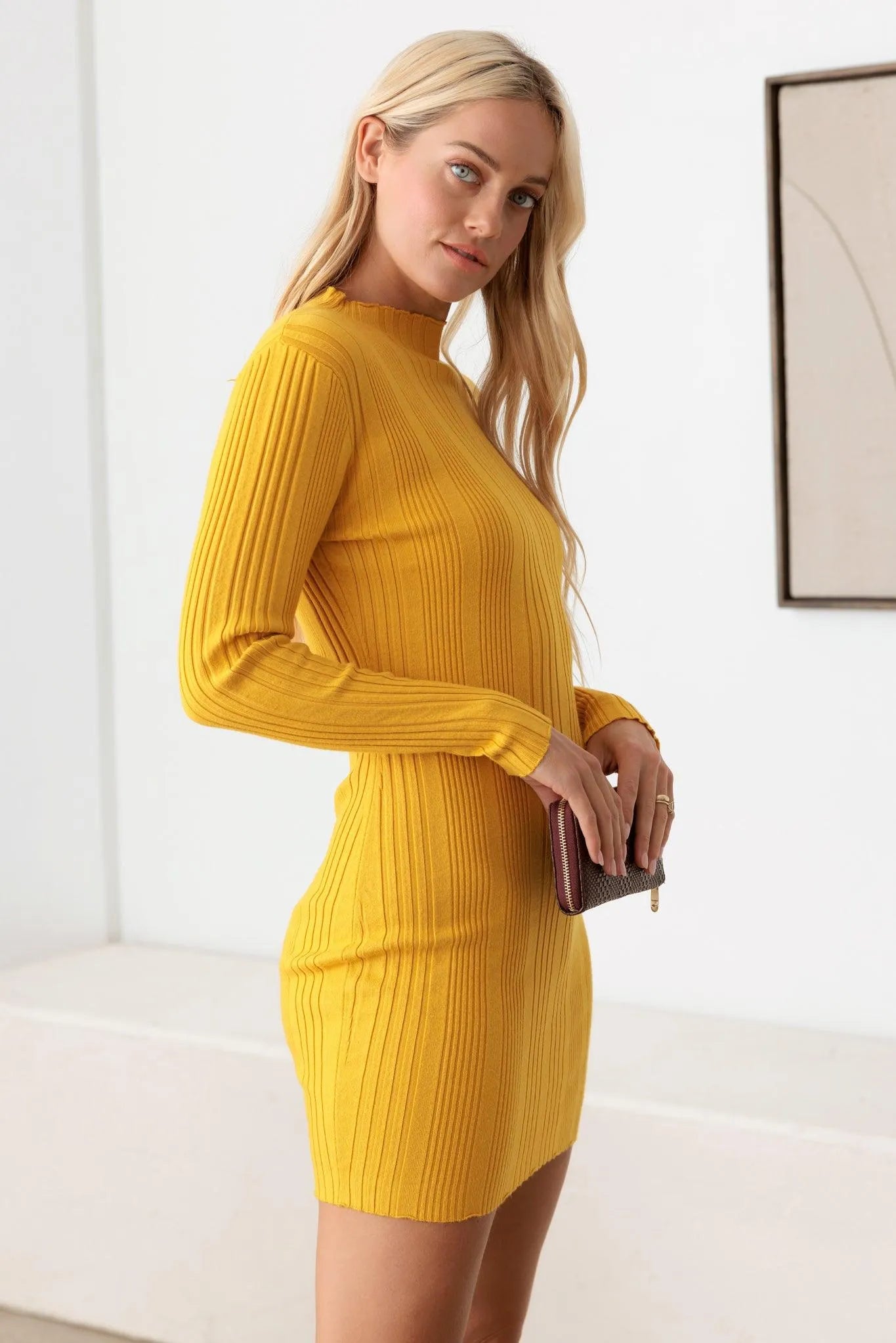 Long Sleeve Ribbed Mock Neck Mini Sweater Dress