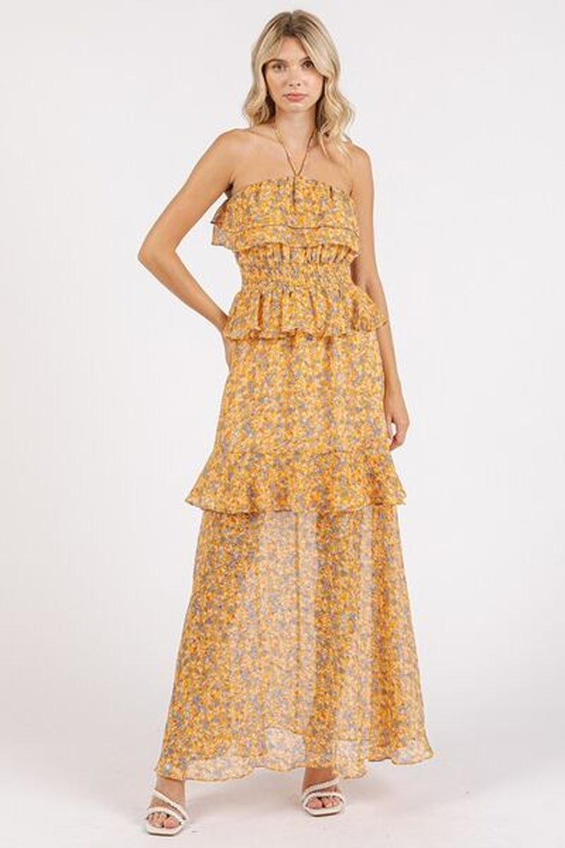 Mittoshop Ruffled Smocked Floral Halter Neck Maxi Dress