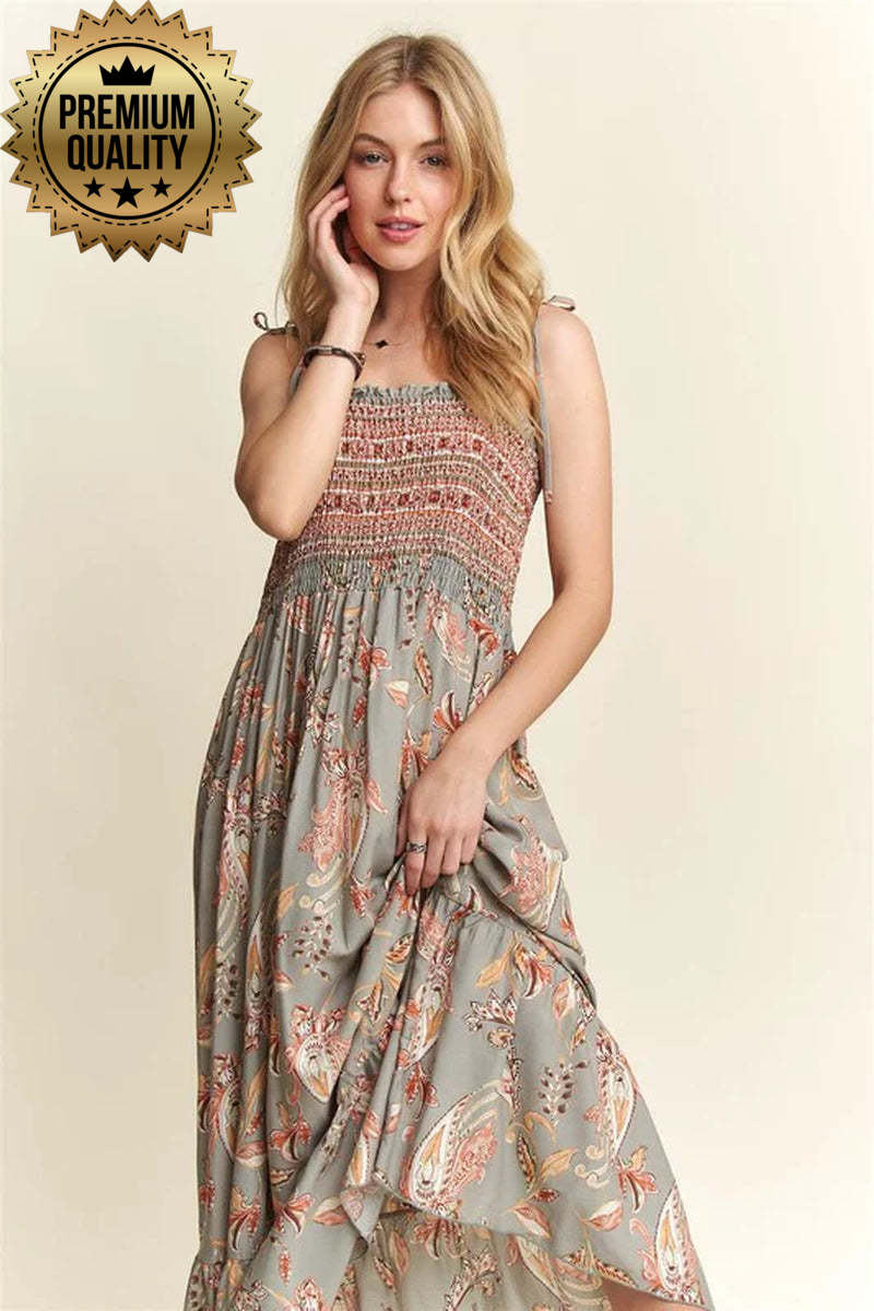 ADORA Smocked Printed Square Neck Tie Shoulder Cami Dress