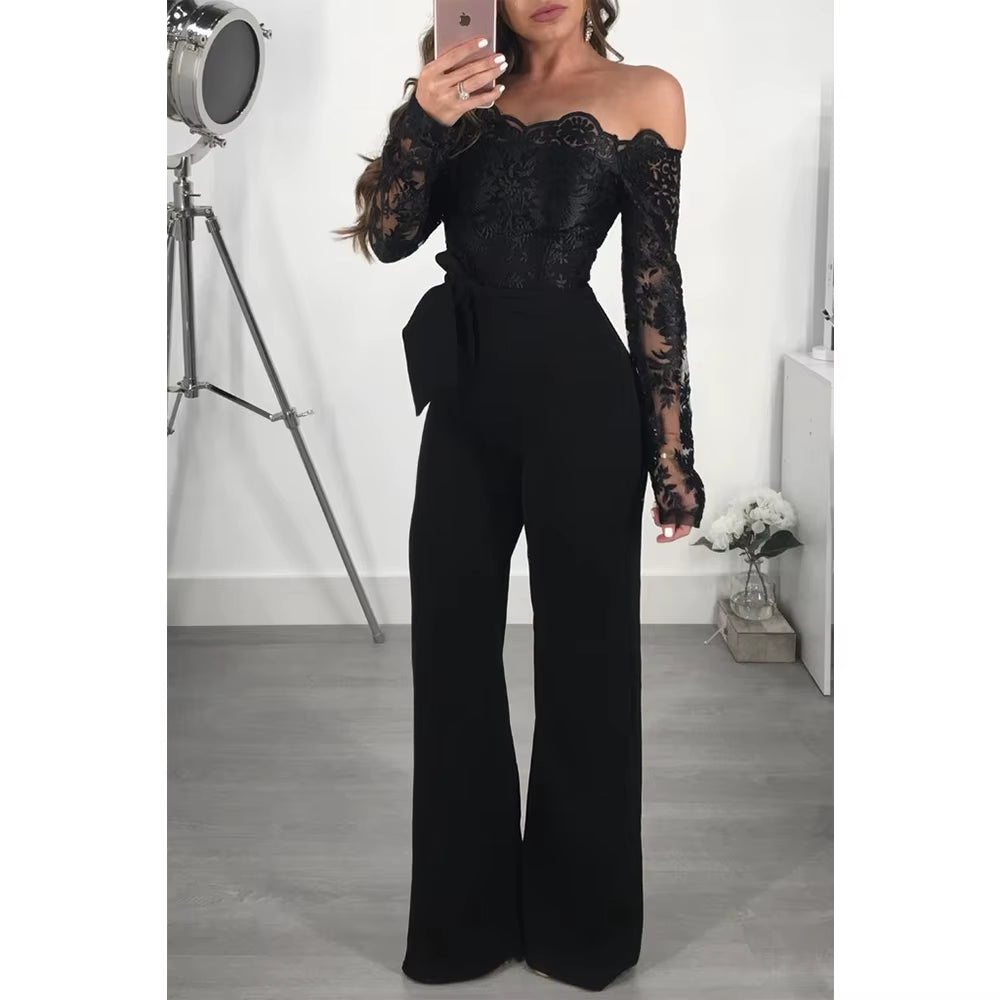 Appliques Lace Patchwork Jumpsuit Women Sexy off Shoulder Slash Neck Long Sleeve Elegant Wide Leg Pants Jumpsuit Party Overalls