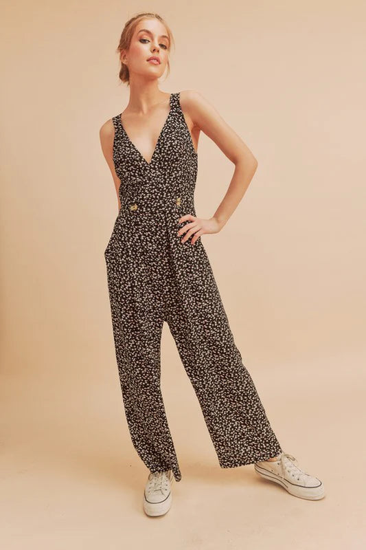 Aemi + Co Ditsy Floral Surplice Sleeveless Wide Leg Jumpsuit