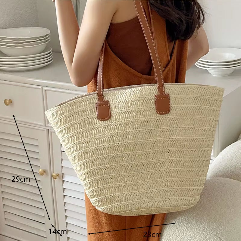 Large Capacity Beach Shopping Bags Luxury Designer Rattan Woven Shoulder Bag Women Handmade Straw Handbags Summer Travel Bag