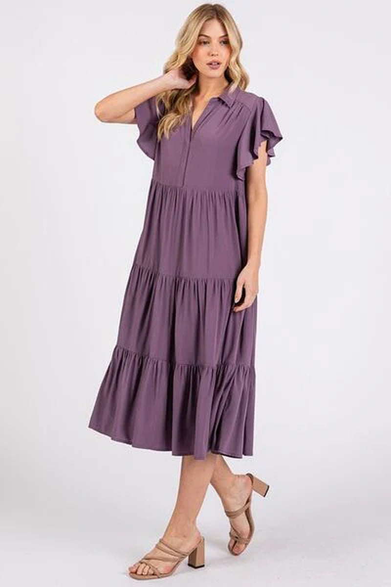 Mittoshop Ruffle Sleeve Collared V Neck Tiered Midi Dress