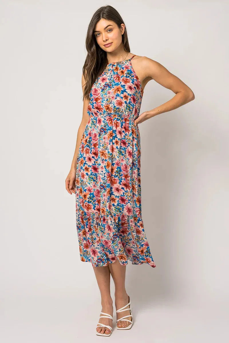 Sleeveless Floral Print Tiered Hem Midi Dress