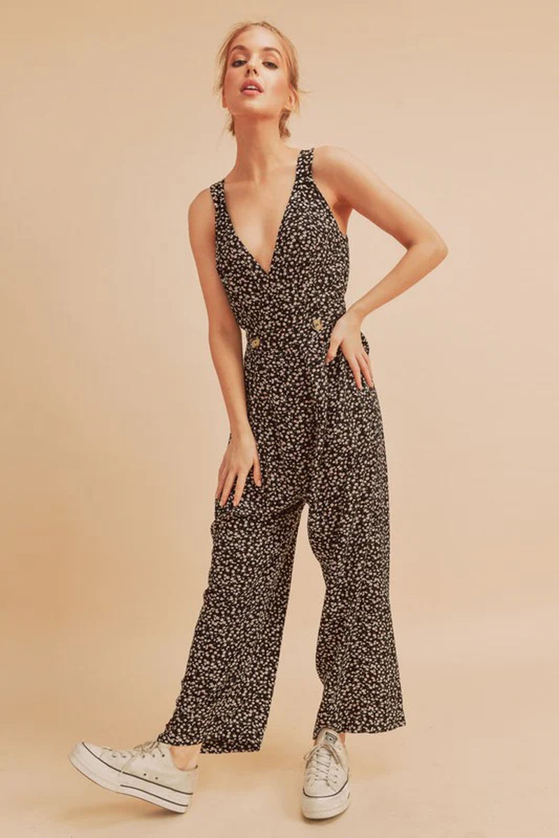 Aemi + Co Ditsy Floral Surplice Sleeveless Wide Leg Jumpsuit