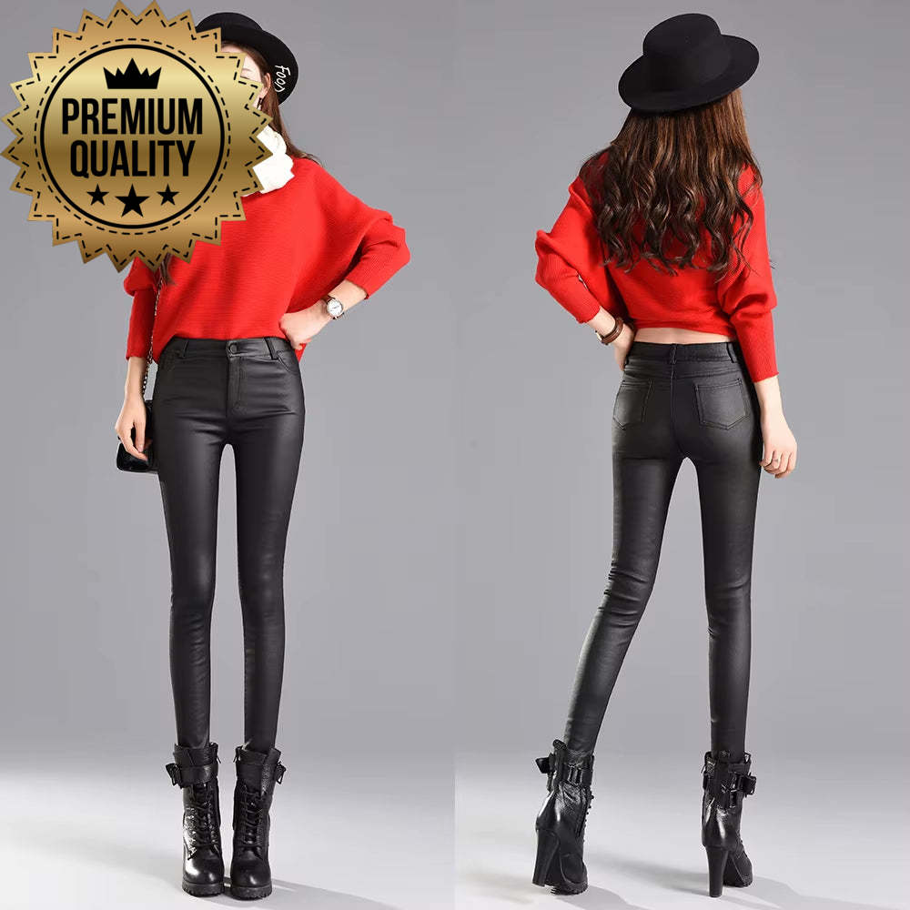 2019 Winter Women Faux Leather Pants & Capris PU Elastic High Waist Trousers Stretchy Slim Pencil Pants Leggings Female Black