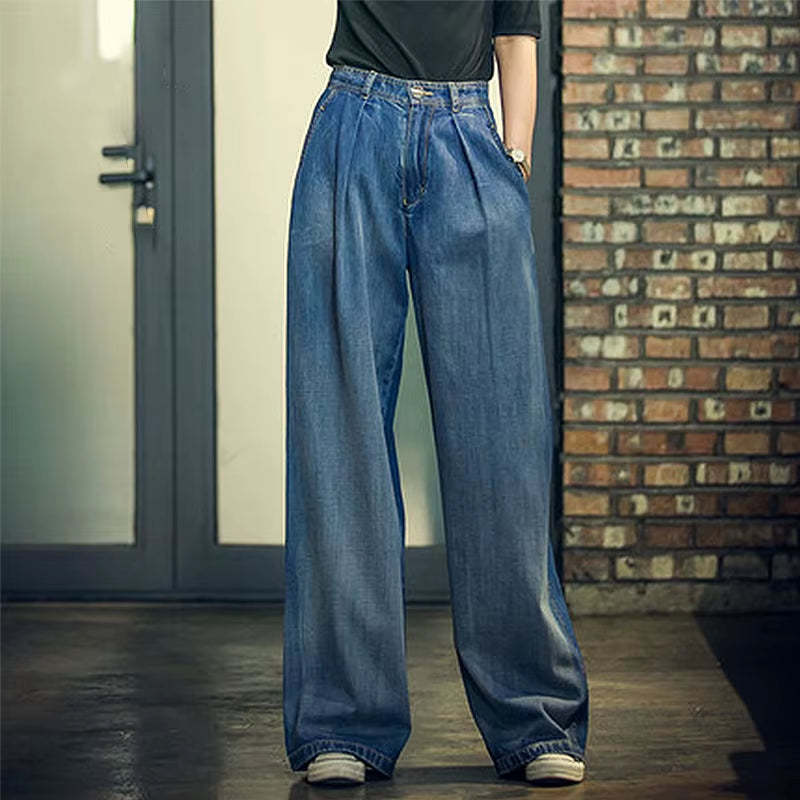 Jeans Women'S Wide-Leg Jeans 2022 Y2K Streetwear High Waist Vintage Trousers Casual Simple Blue Buttons Straight Denim Long Pant