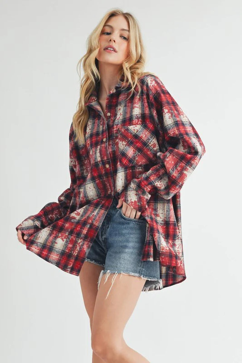 Aemi + Co Washed Plaid Button up Raglan Sleeve Flannel Shirt