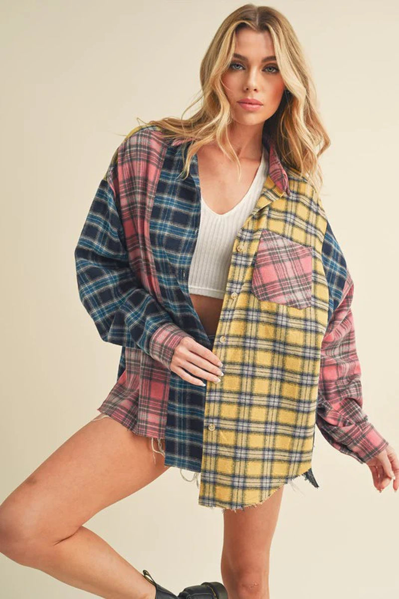 Aemi + Co Frayed Hem Color Block Plaid Drop Shoulder Shirt