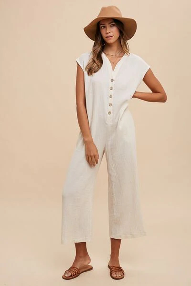 Annie Wear Wide Leg Jumpsuit with Button Detail and Pockets