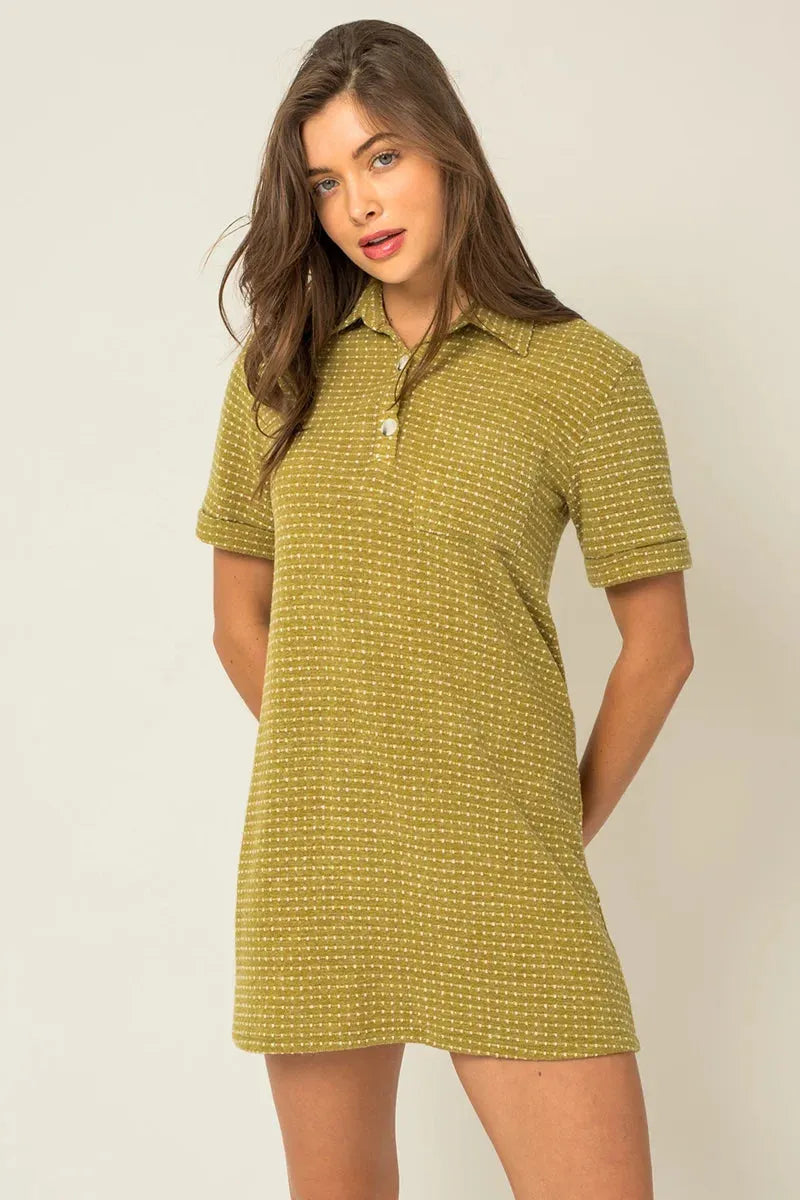 Short Sleeve Collar Button down Knit Mini Dress