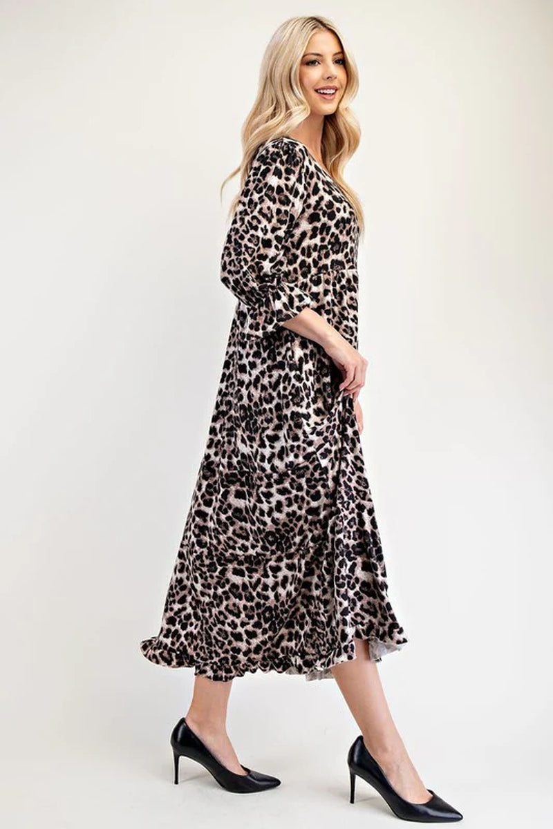 Celeste Leopard Flounce Sleeve Dress - Full Size round Neck Style