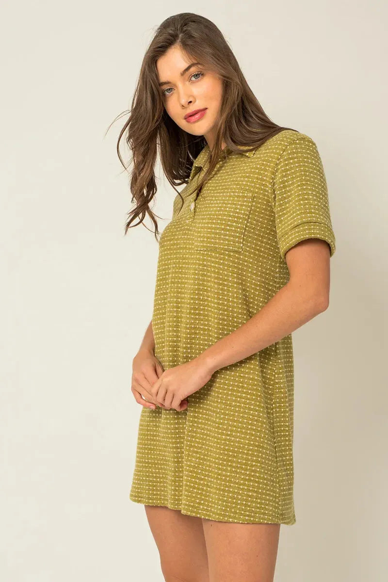 Short Sleeve Collar Button down Knit Mini Dress