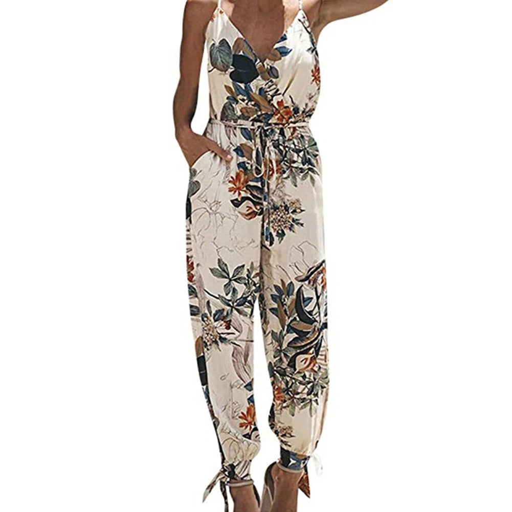 2023 Women'S Jumpsuit Bohemian Casual Jumpsuit Women'S Sexy Backless Deep V Neck Floral Print Tie Jumpsuit Jumpsuit