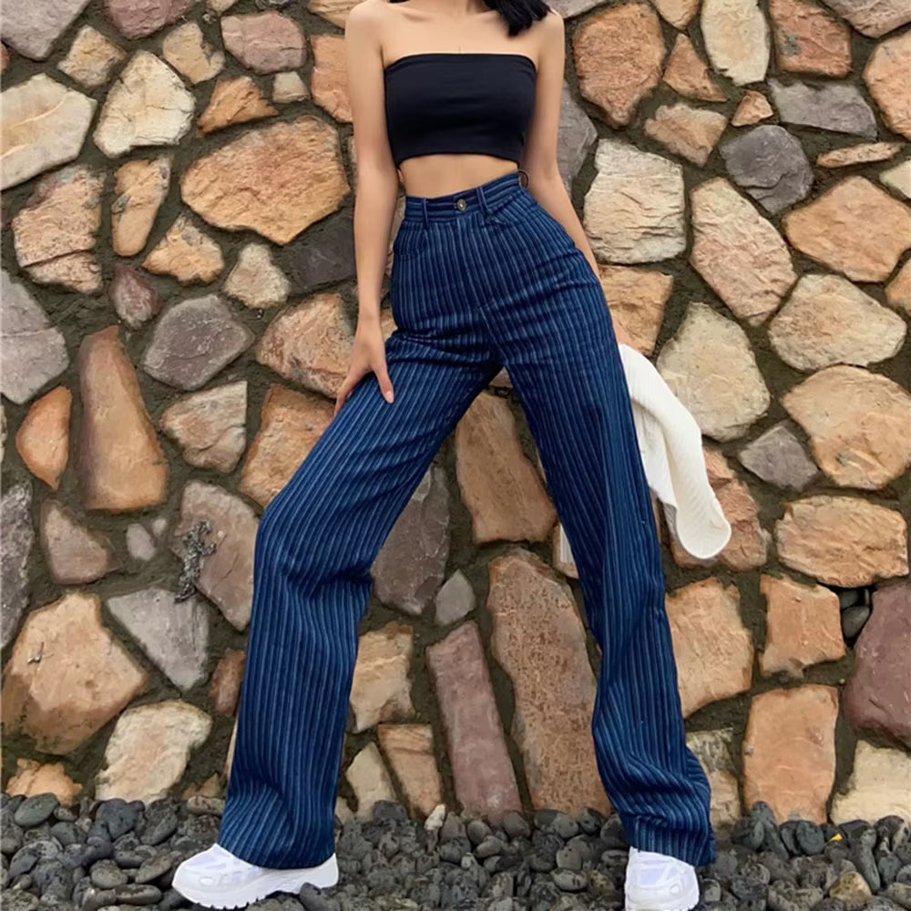 High Waist Loose Straight Jeans Woman 2XL Casual Striped Mom Jeans Washed Boyfriend Jeans Femme