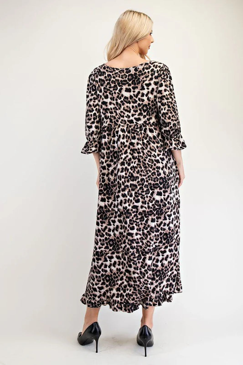 Celeste Leopard Flounce Sleeve Dress - Full Size round Neck Style