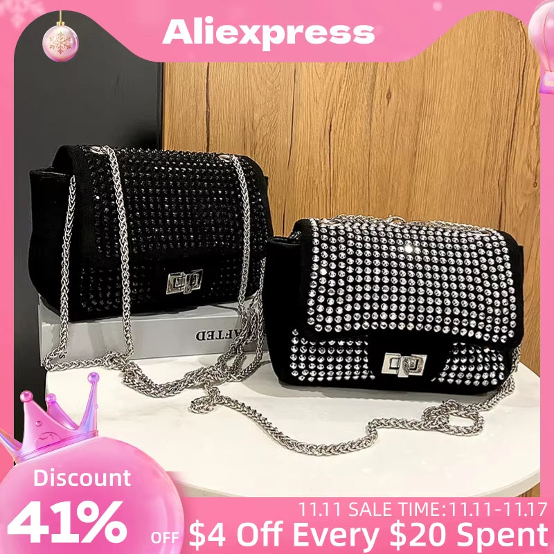 Fashion Women Crossbody Bag Rhinestone Messenger Bag for Shopping Travel Leisure Glitter Chain Casual Ladies Bags Handbags