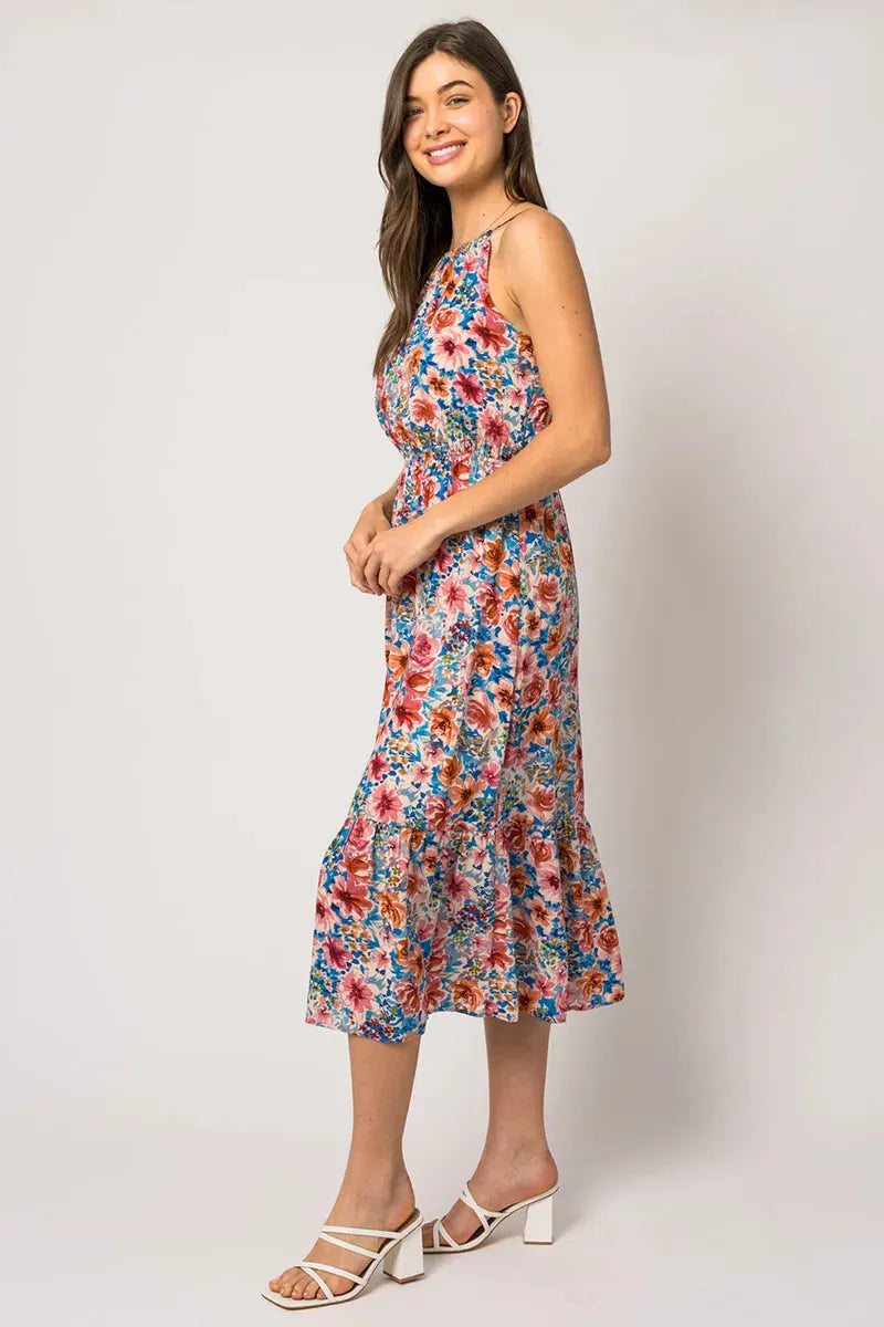 Sleeveless Floral Print Tiered Hem Midi Dress