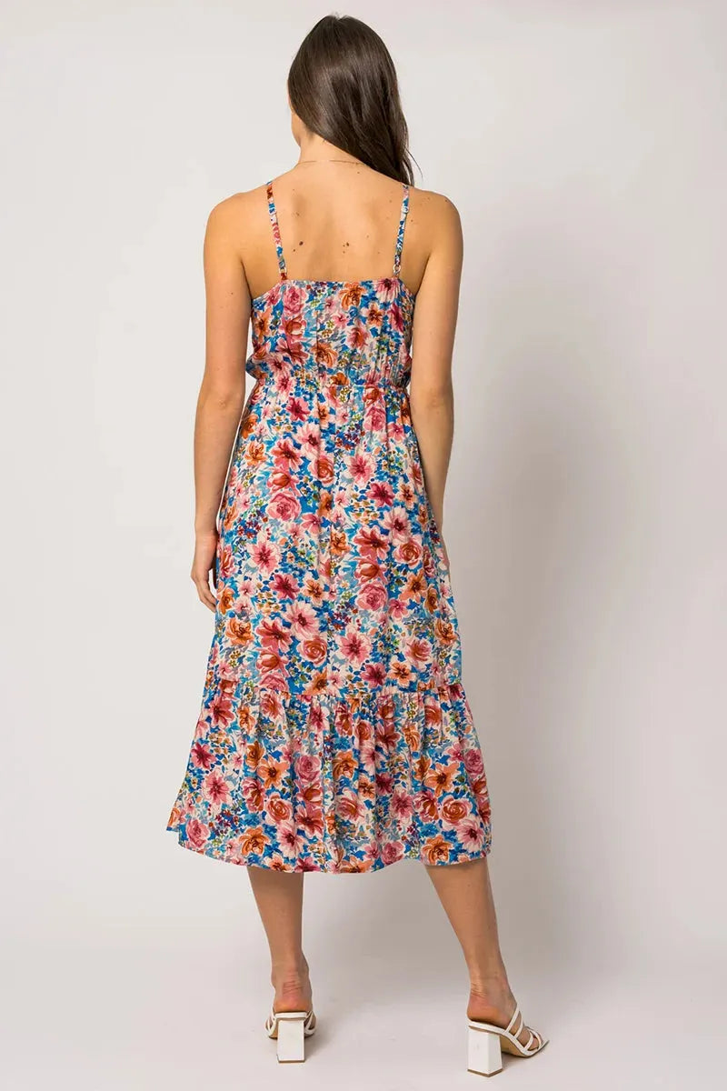 Sleeveless Floral Print Tiered Hem Midi Dress