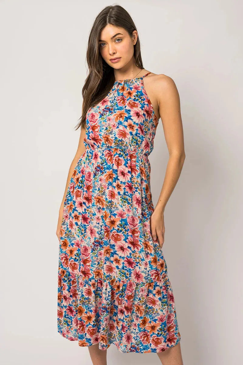 Sleeveless Floral Print Tiered Hem Midi Dress