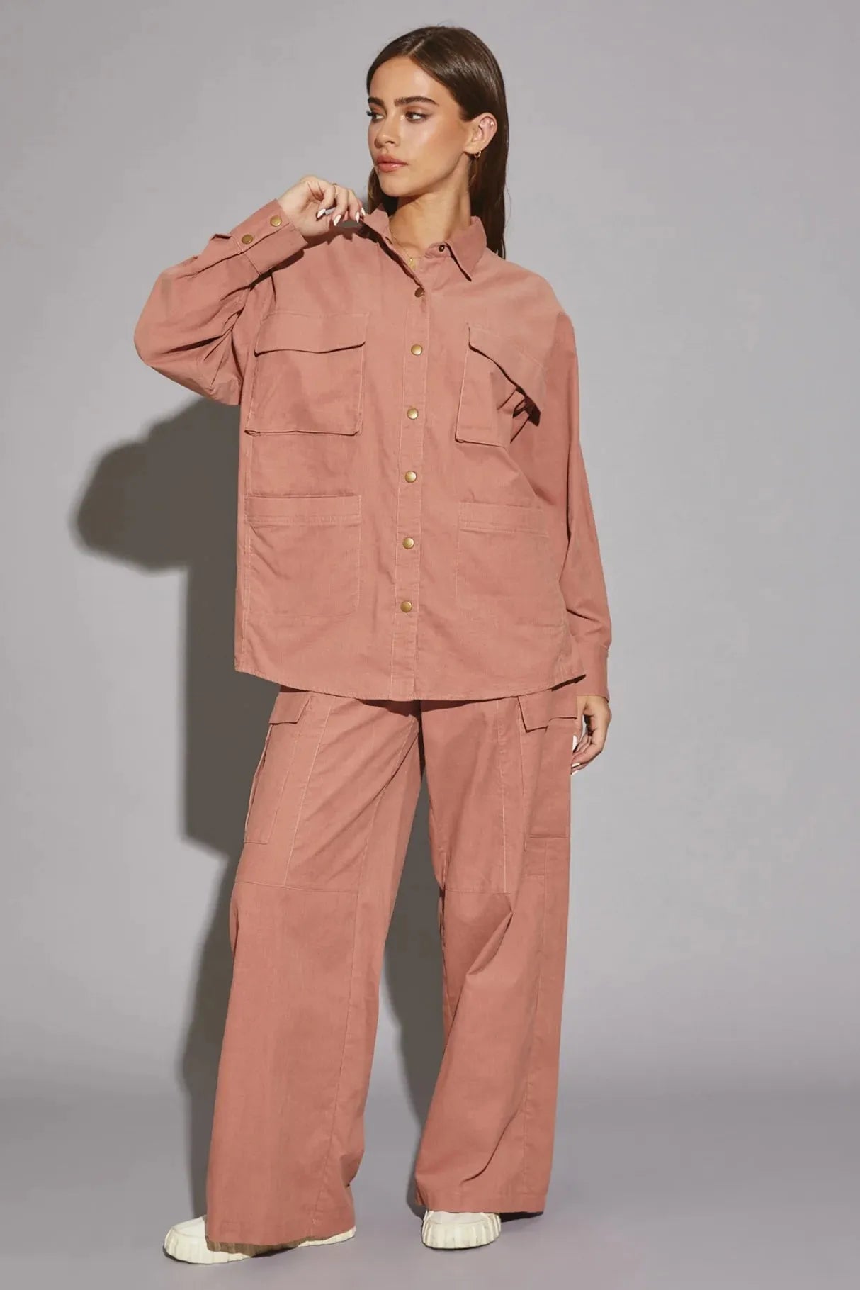 Oversize Long Sleeve Front Pocket Corduroy Shirt