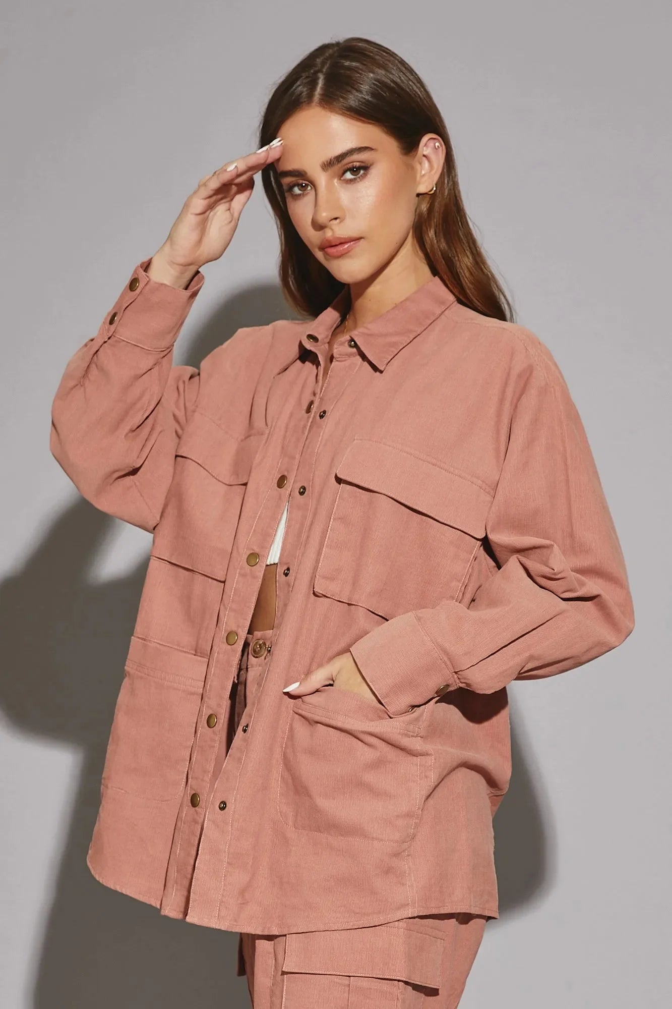 Oversize Long Sleeve Front Pocket Corduroy Shirt