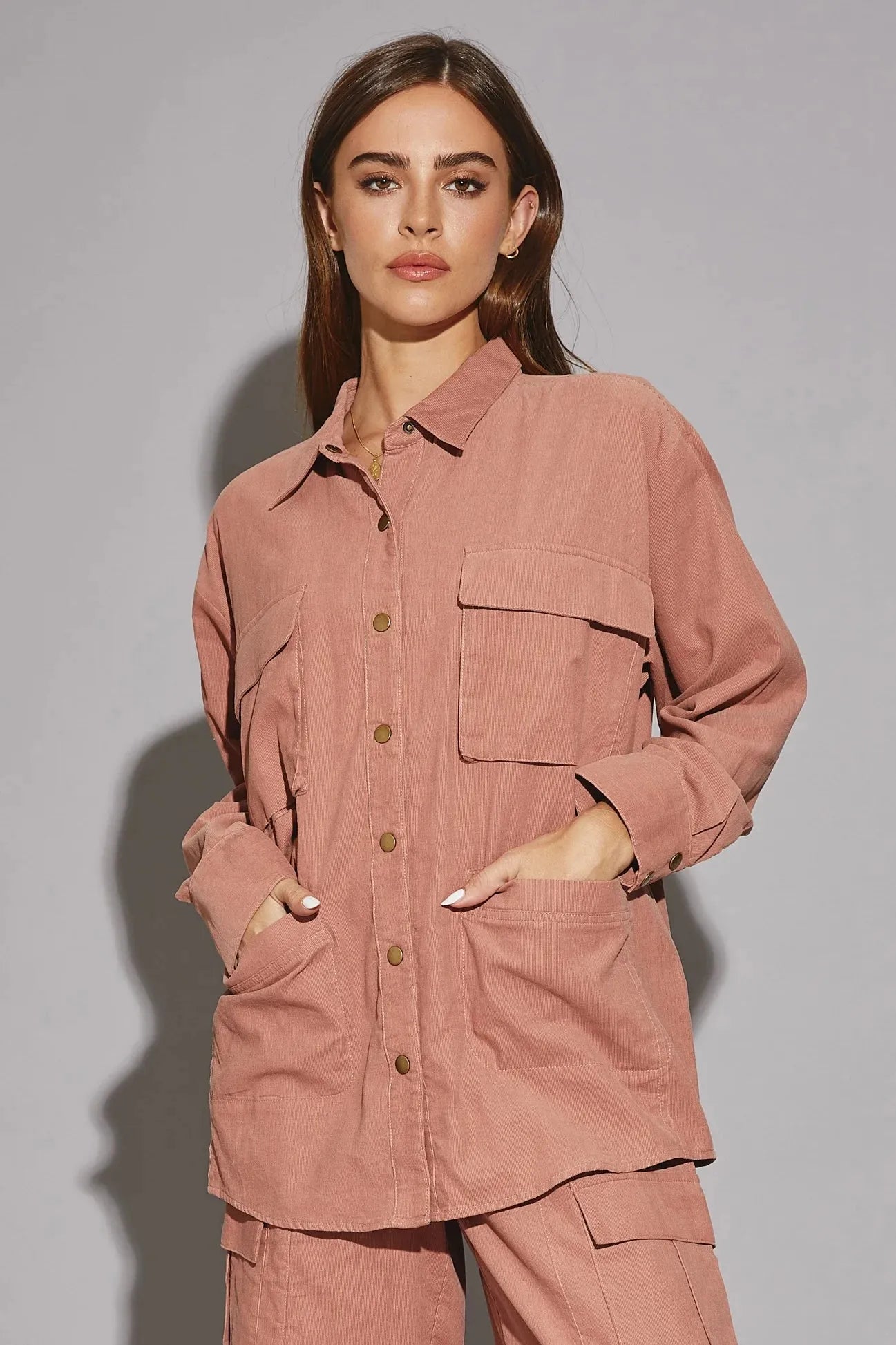 Oversize Long Sleeve Front Pocket Corduroy Shirt