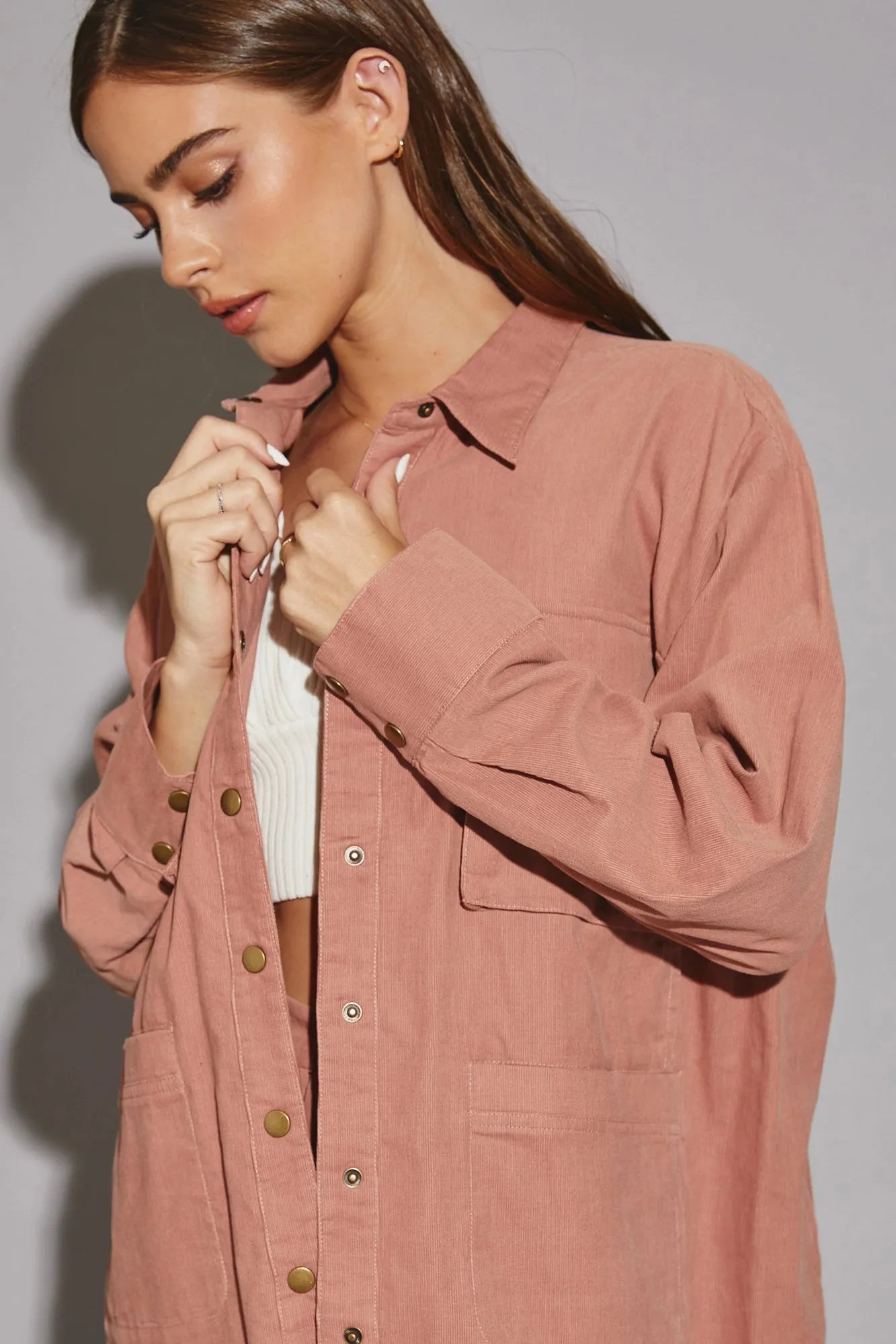 Oversize Long Sleeve Front Pocket Corduroy Shirt