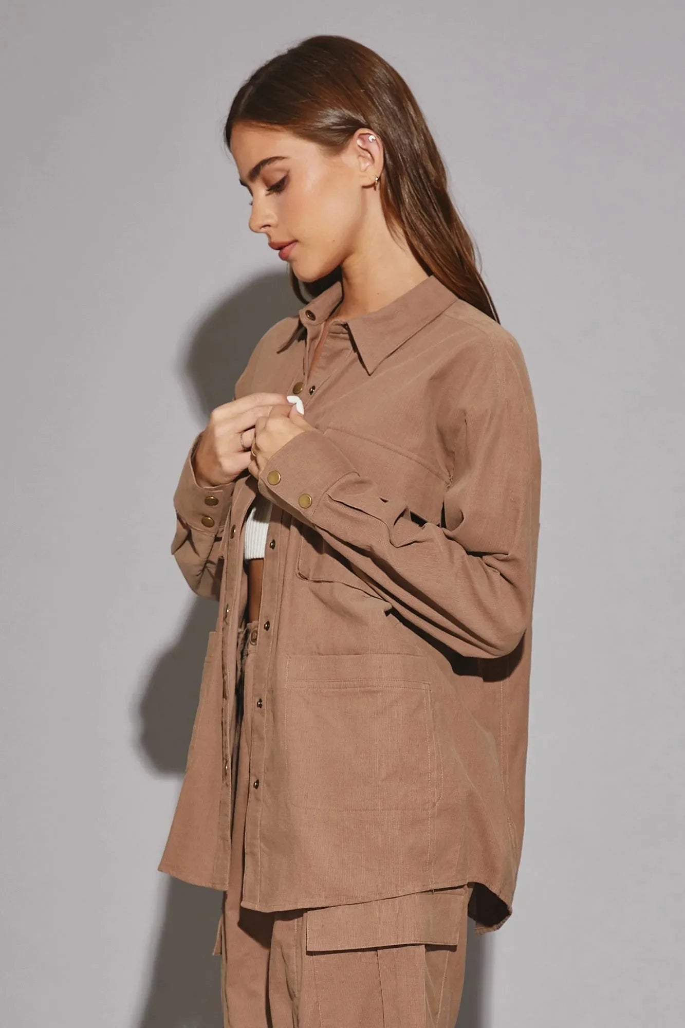 Oversize Long Sleeve Front Pocket Corduroy Shirt